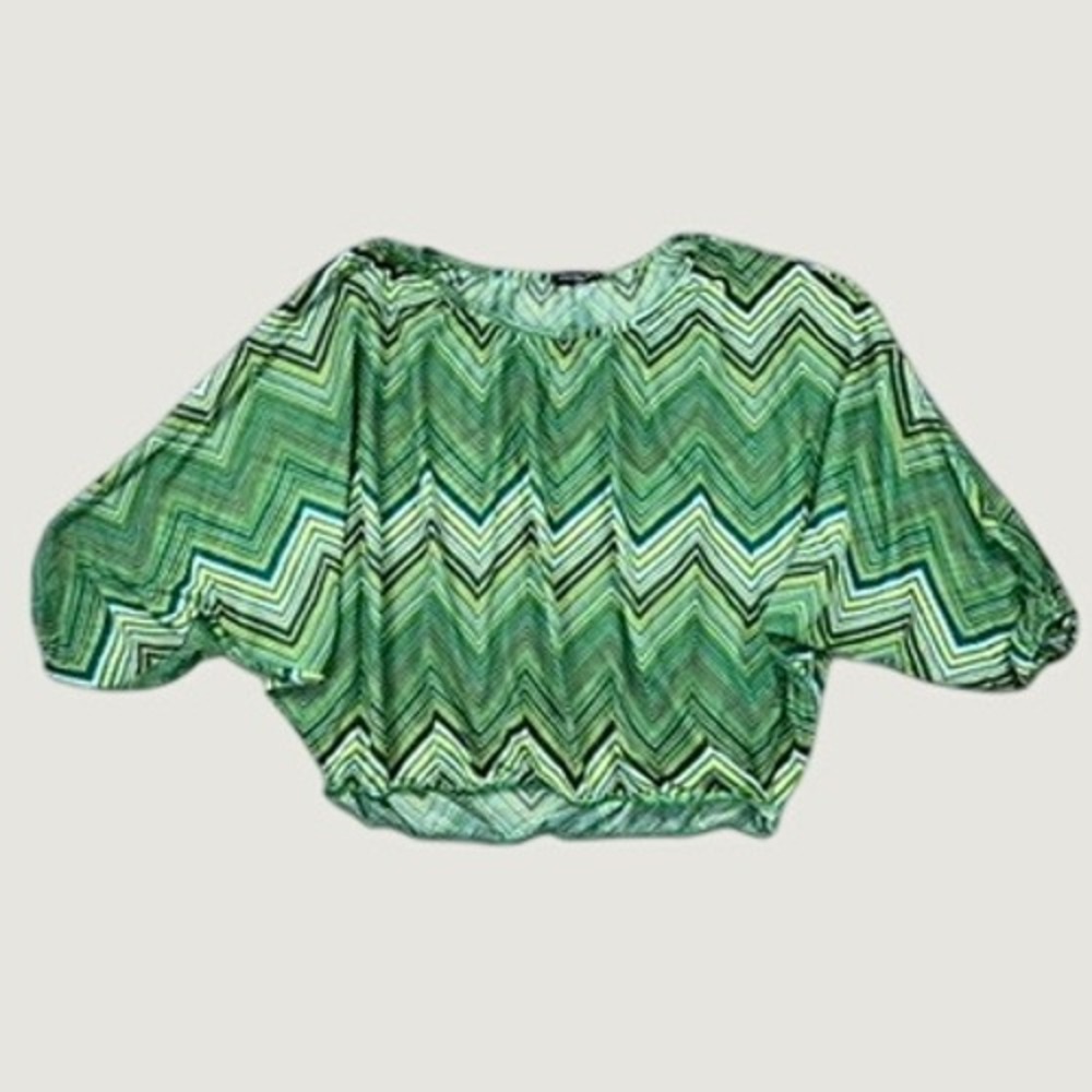 Cha Cha Vente Y2K Green Chevron Batwing Sleeve Boho Blouse Women Small Retro Top
